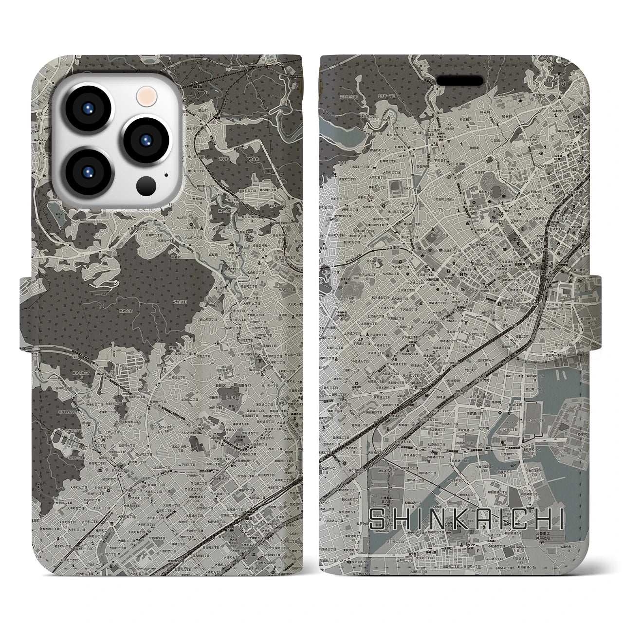 【新開地(兵庫県)】地図柄iPhoneケース(手帳タイプ)モノトーン・iPhone 13 Pro 用