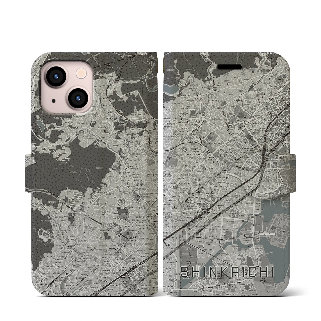 【新開地(兵庫県)】地図柄iPhoneケース(手帳タイプ)モノトーン・iPhone 13 mini 用