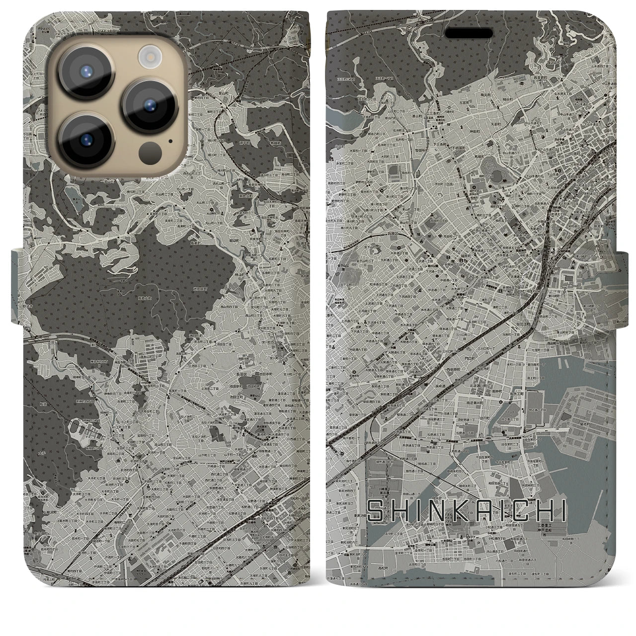 【新開地(兵庫県)】地図柄iPhoneケース(手帳タイプ)モノトーン・iPhone 14 Pro Max 用