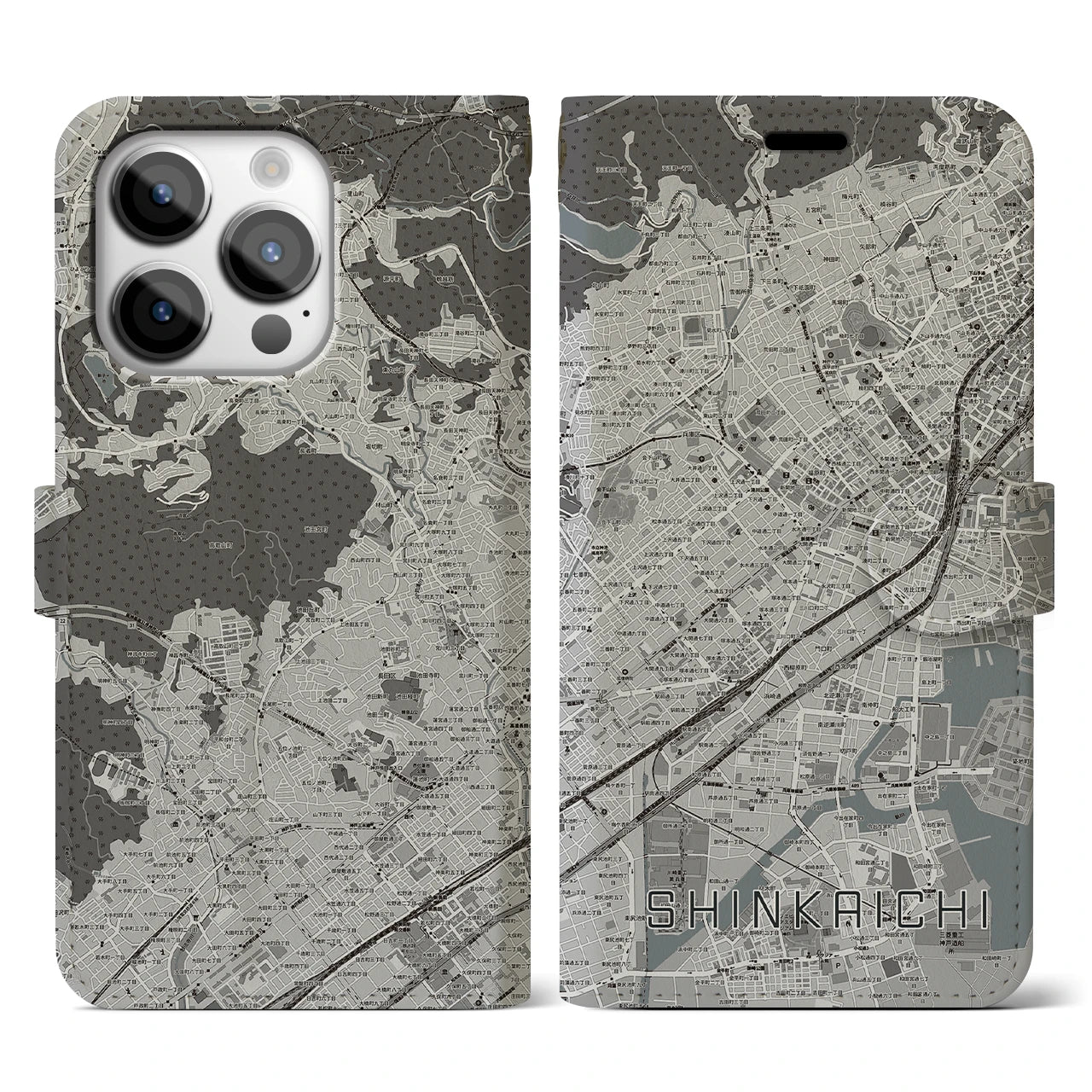 【新開地(兵庫県)】地図柄iPhoneケース(手帳タイプ)モノトーン・iPhone 14 Pro 用