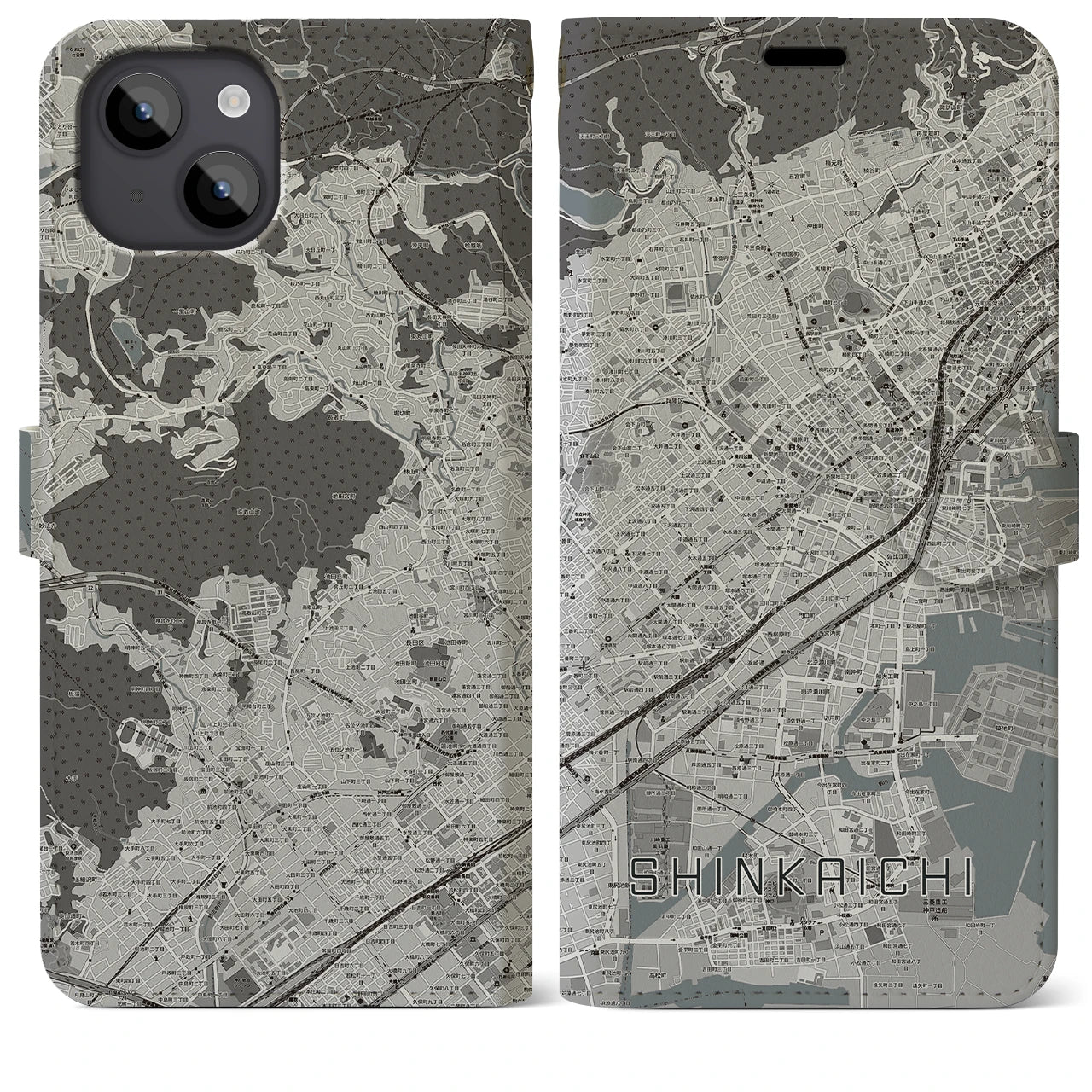 【新開地(兵庫県)】地図柄iPhoneケース(手帳タイプ)モノトーン・iPhone 14 Plus 用