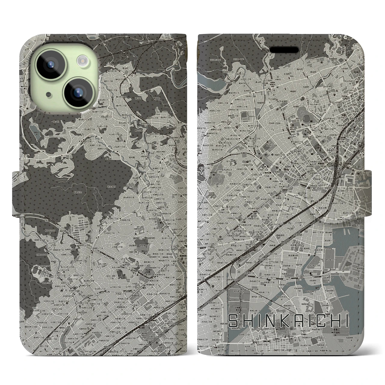 【新開地(兵庫県)】地図柄iPhoneケース(手帳タイプ)モノトーン・iPhone 15 用