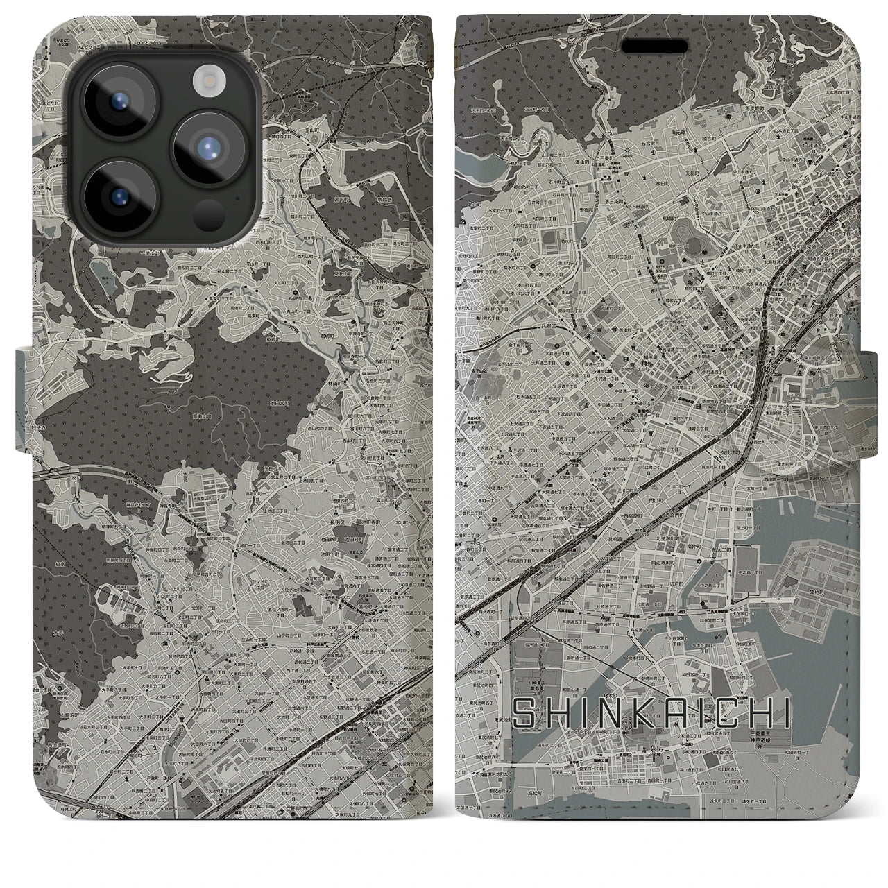 【新開地(兵庫県)】地図柄iPhoneケース(手帳タイプ)モノトーン・iPhone 15 Pro Max 用