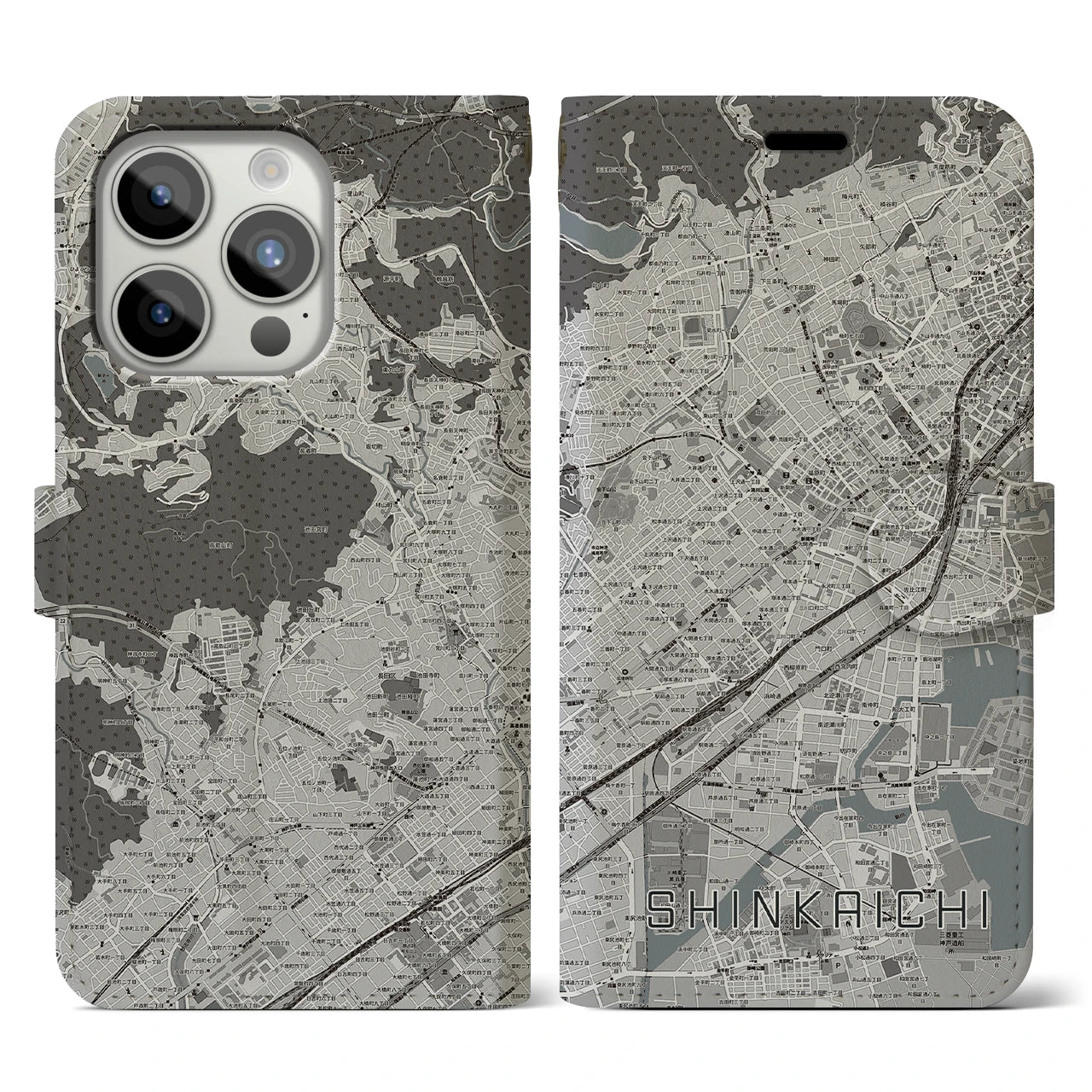 【新開地(兵庫県)】地図柄iPhoneケース(手帳タイプ)モノトーン・iPhone 15 Pro 用