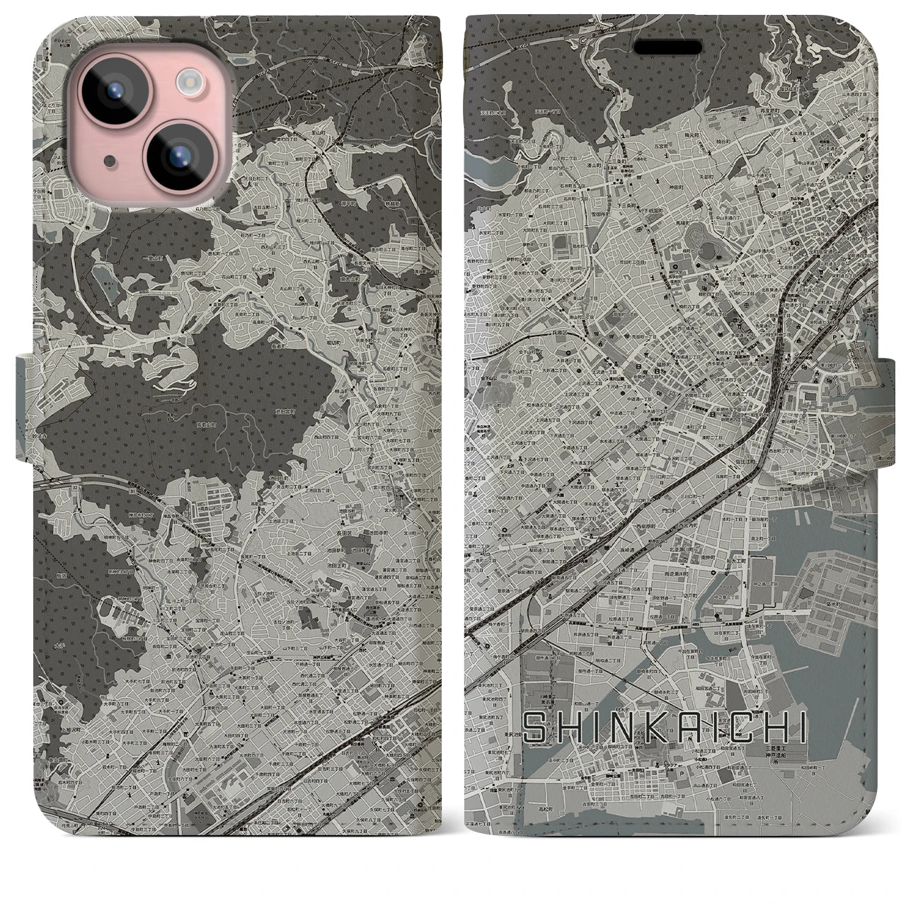 【新開地(兵庫県)】地図柄iPhoneケース(手帳タイプ)モノトーン・iPhone 15 Plus 用