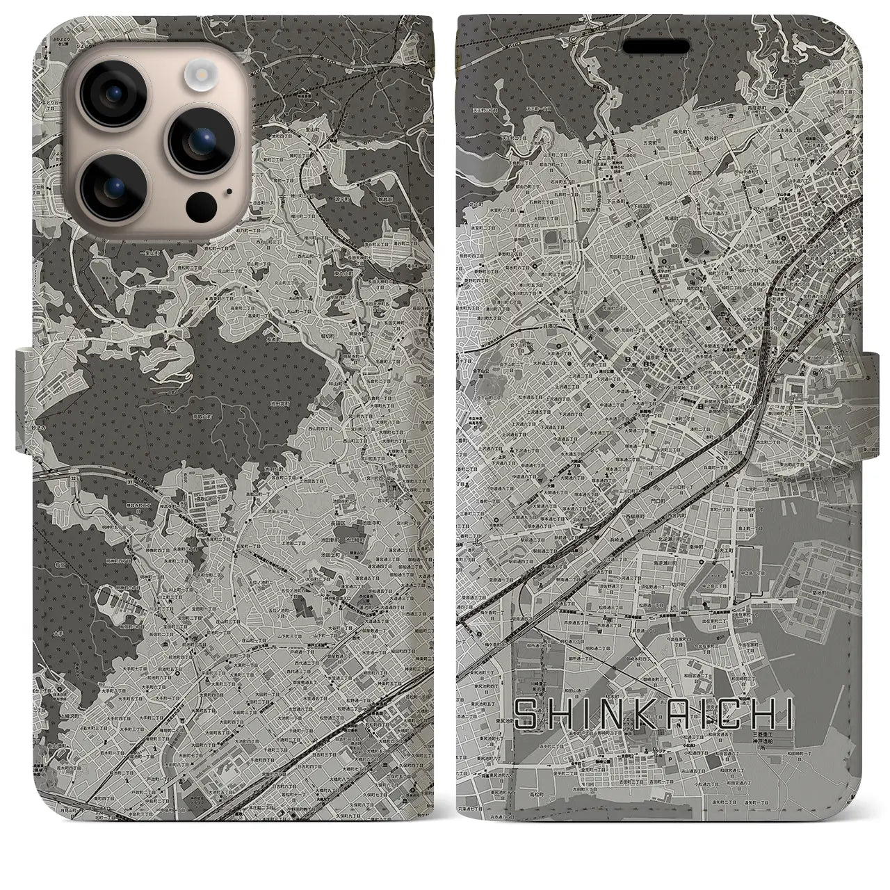【新開地(兵庫県)】地図柄iPhoneケース(手帳タイプ)モノトーン・iPhone 16 Plus 用