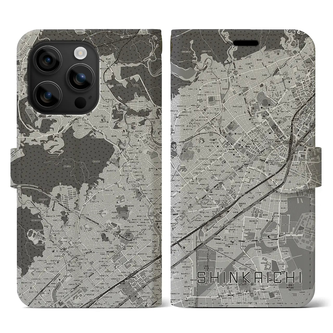 【新開地(兵庫県)】地図柄iPhoneケース(手帳タイプ)モノトーン・iPhone 16 用