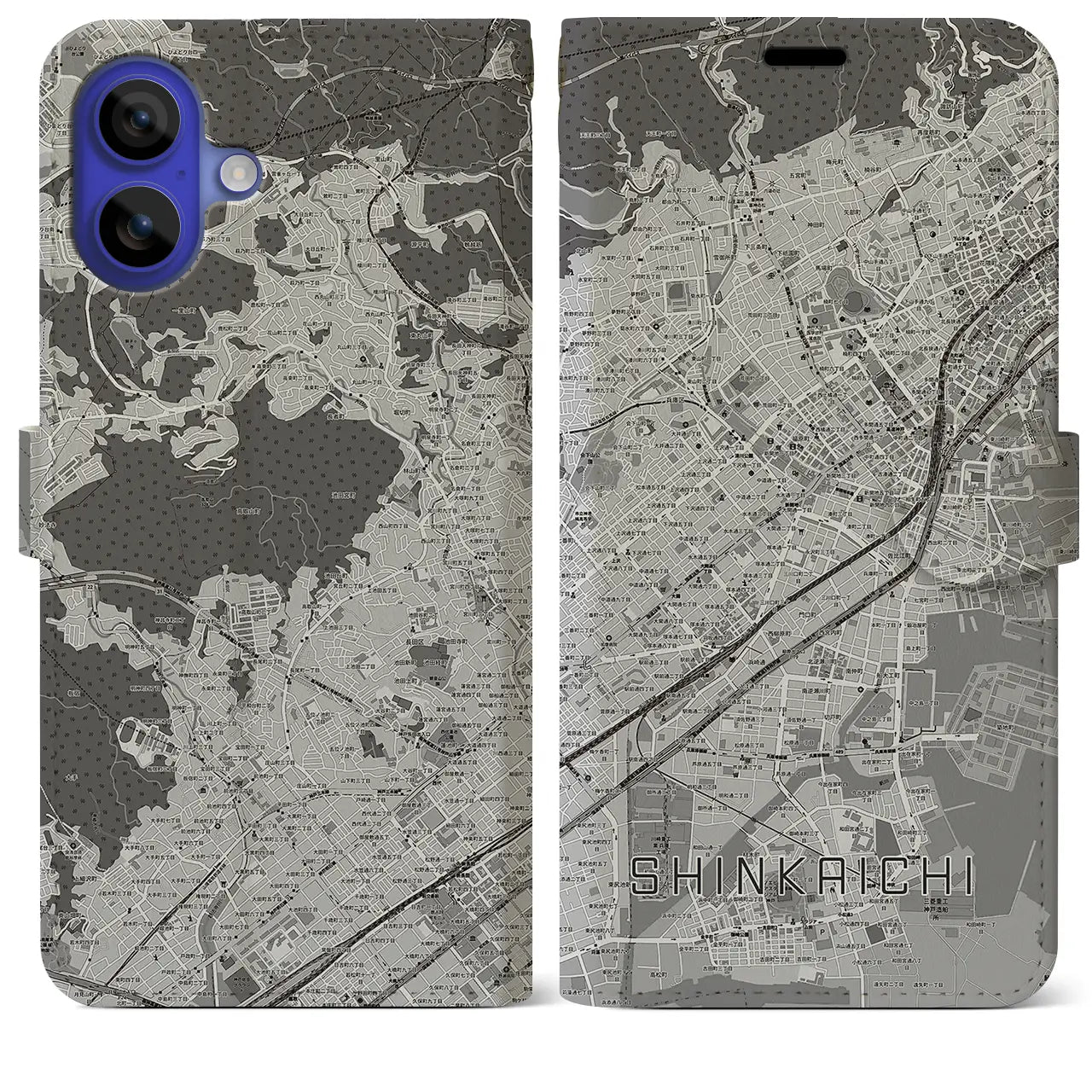 【新開地(兵庫県)】地図柄iPhoneケース(手帳タイプ)モノトーン・iPhone 16 Pro Max 用