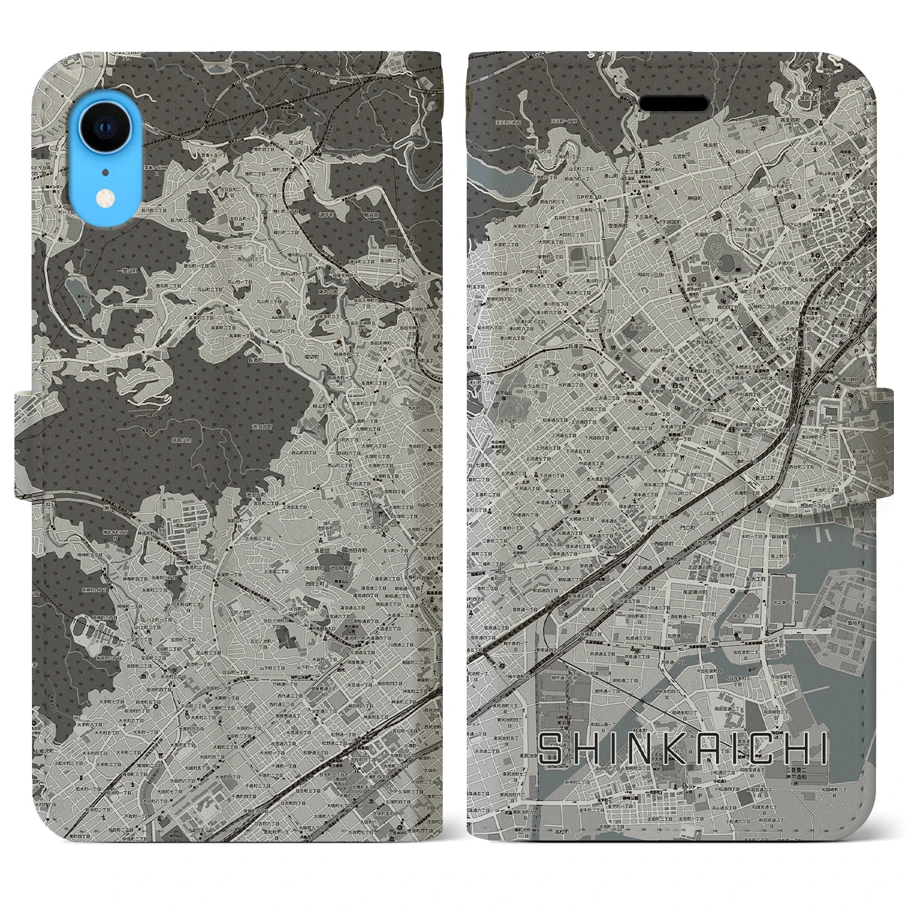 【新開地(兵庫県)】地図柄iPhoneケース(手帳タイプ)モノトーン・iPhone XR 用