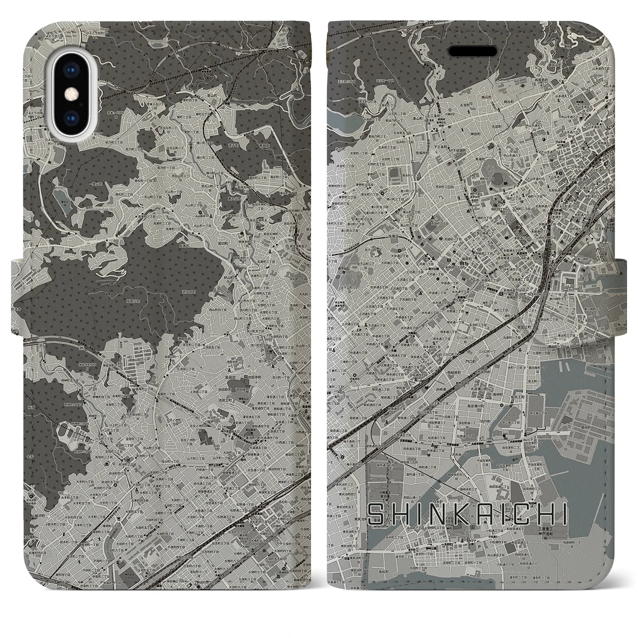 【新開地(兵庫県)】地図柄iPhoneケース(手帳タイプ)モノトーン・iPhone XS Max 用