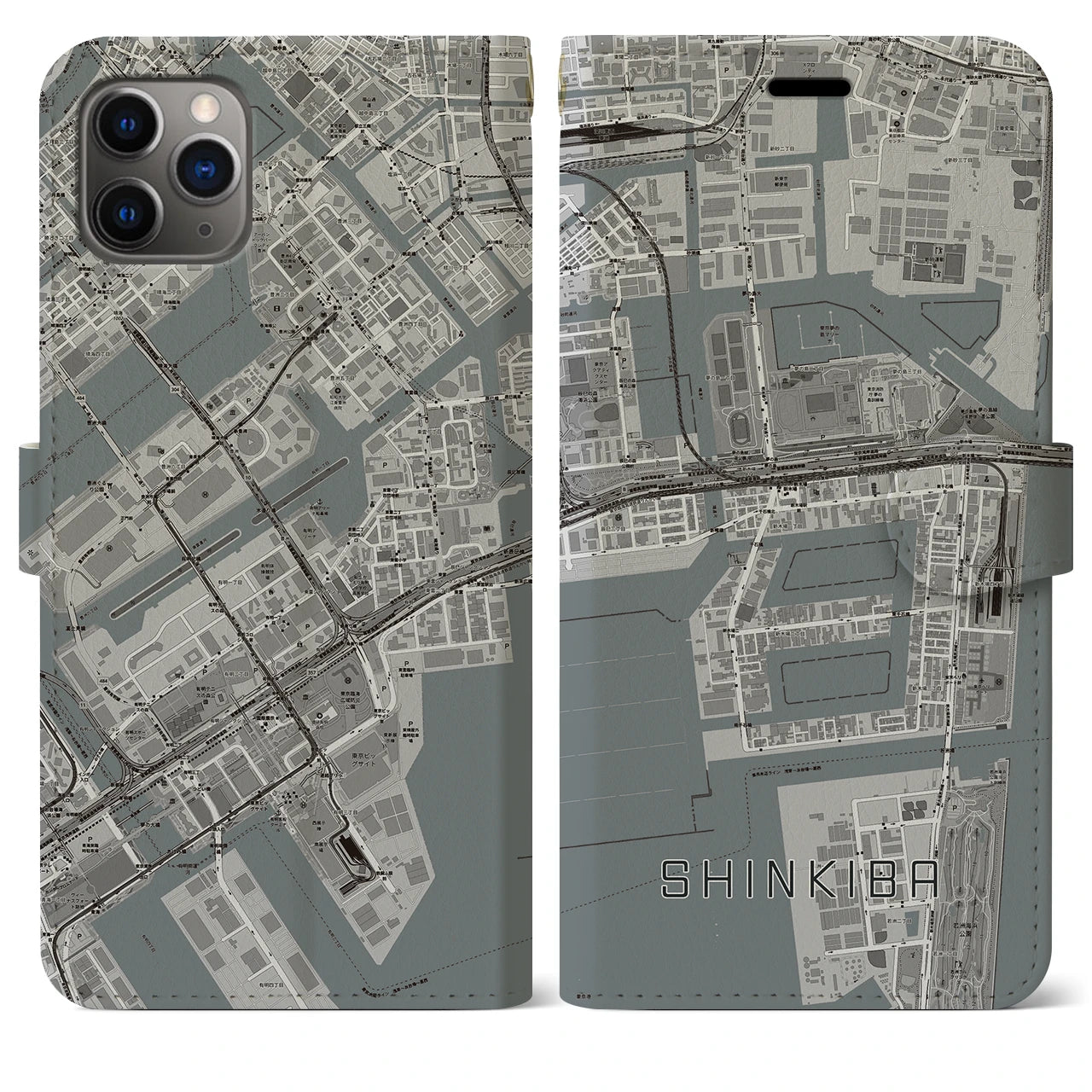 【新木場(東京都)】地図柄iPhoneケース(手帳タイプ)モノトーン・iPhone 11 Pro Max 用