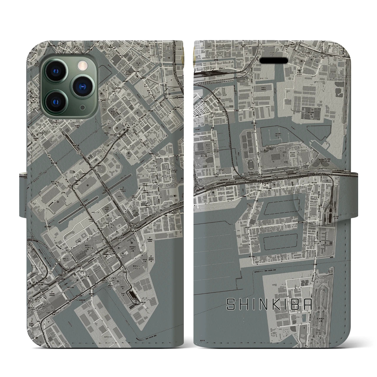 【新木場(東京都)】地図柄iPhoneケース(手帳タイプ)モノトーン・iPhone 11 Pro 用