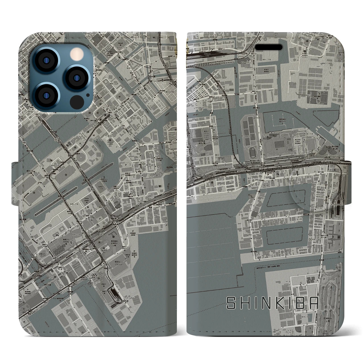 【新木場(東京都)】地図柄iPhoneケース(手帳タイプ)モノトーン・iPhone 12 / 12 Pro 用