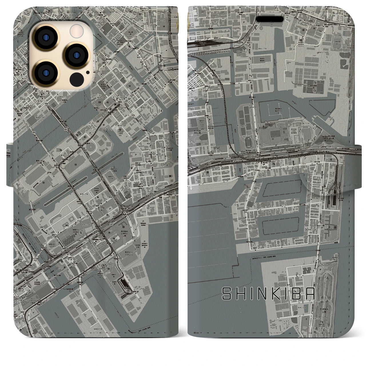 【新木場(東京都)】地図柄iPhoneケース(手帳タイプ)モノトーン・iPhone 12 Pro Max 用