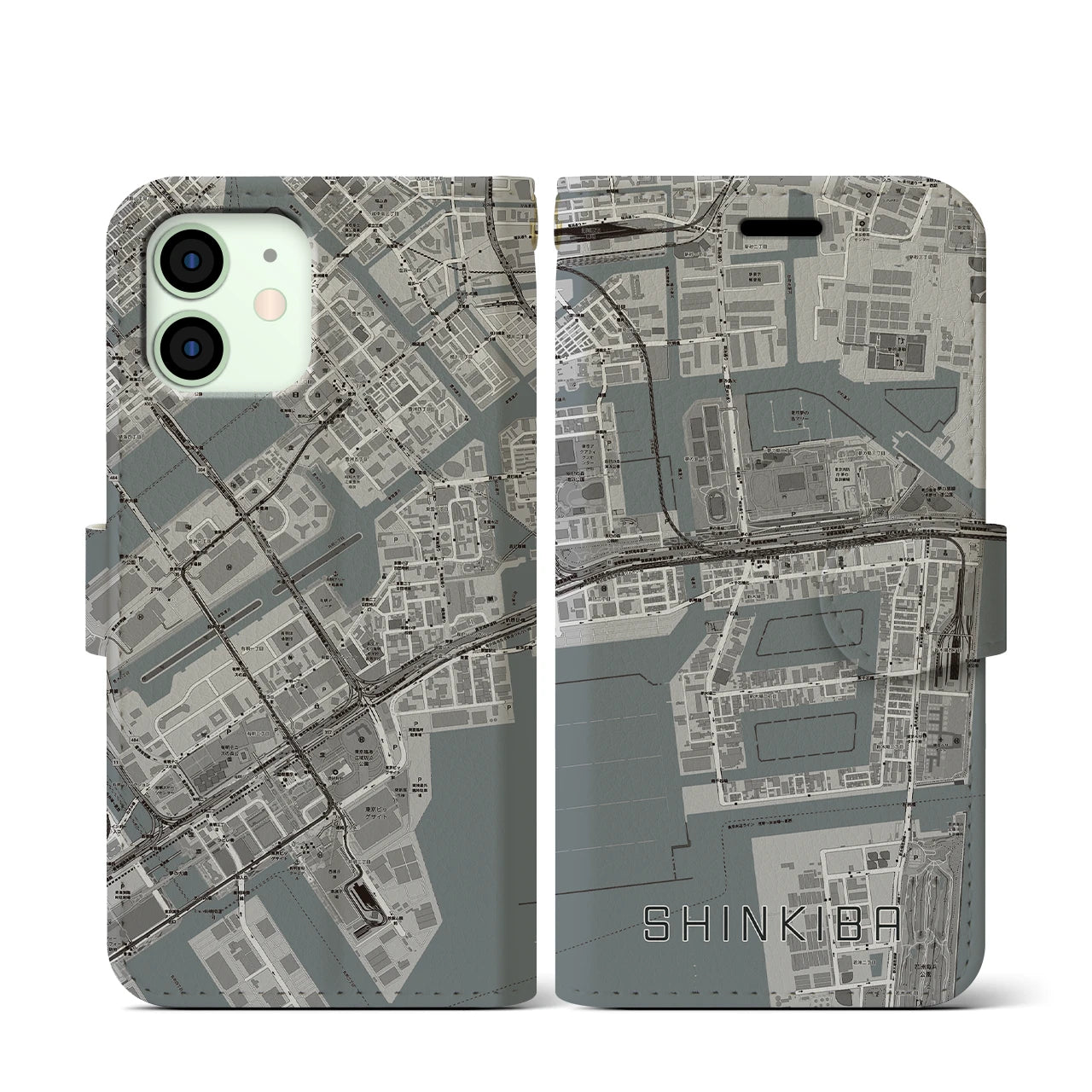 【新木場(東京都)】地図柄iPhoneケース(手帳タイプ)モノトーン・iPhone 12 mini 用
