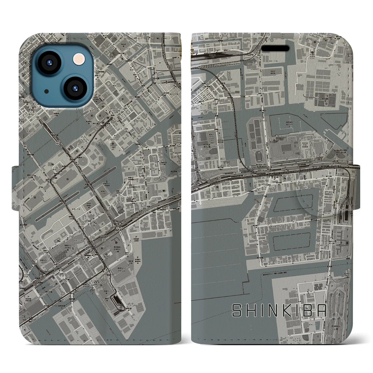 【新木場(東京都)】地図柄iPhoneケース(手帳タイプ)モノトーン・iPhone 13 用