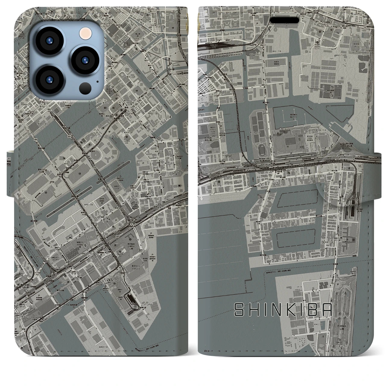 【新木場(東京都)】地図柄iPhoneケース(手帳タイプ)モノトーン・iPhone 13 Pro Max 用