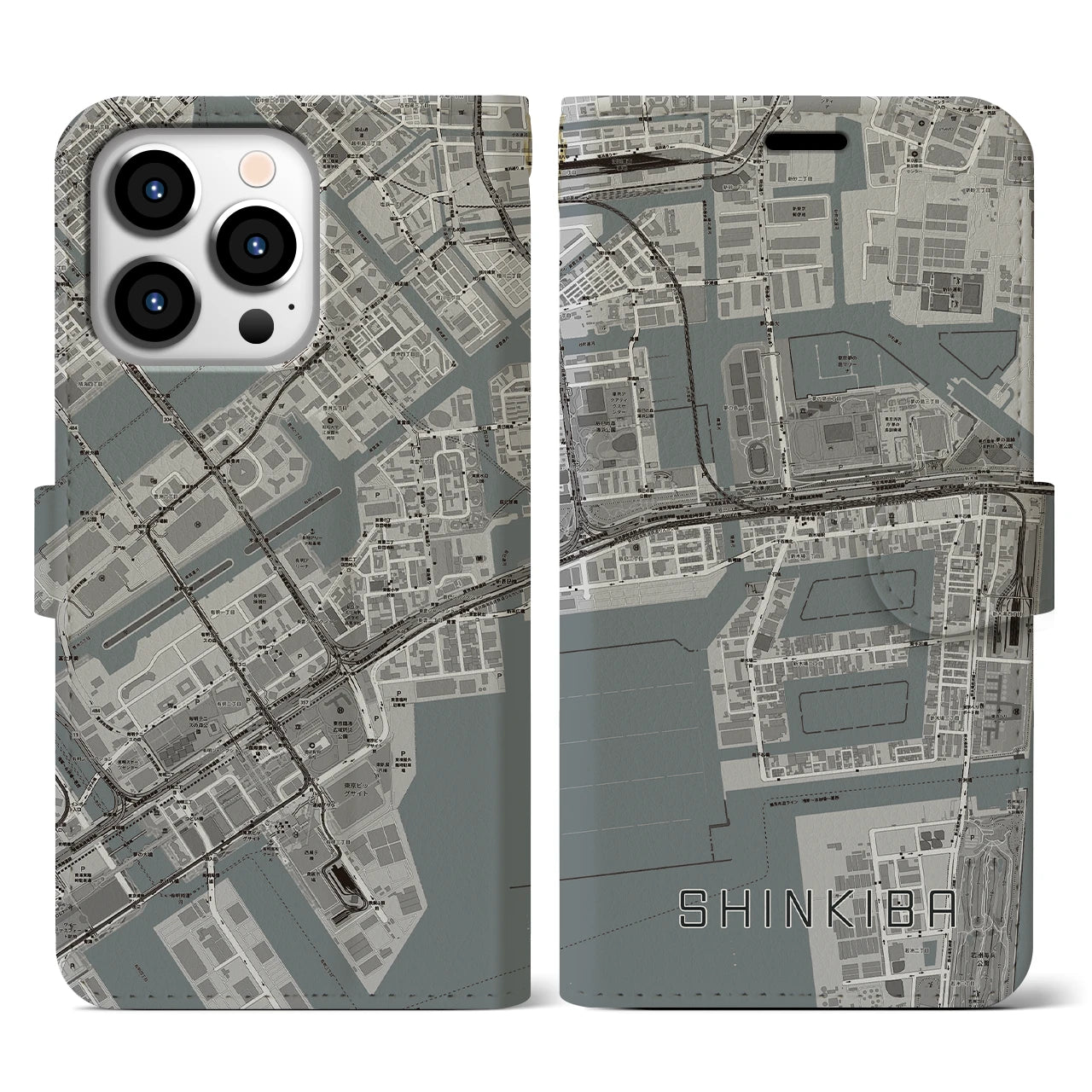 【新木場(東京都)】地図柄iPhoneケース(手帳タイプ)モノトーン・iPhone 13 Pro 用