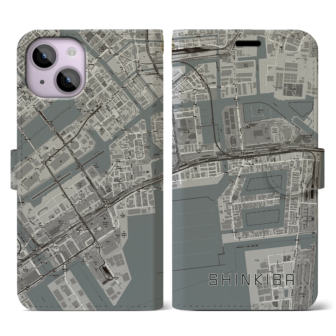 【新木場(東京都)】地図柄iPhoneケース(手帳タイプ)モノトーン・iPhone 14 用