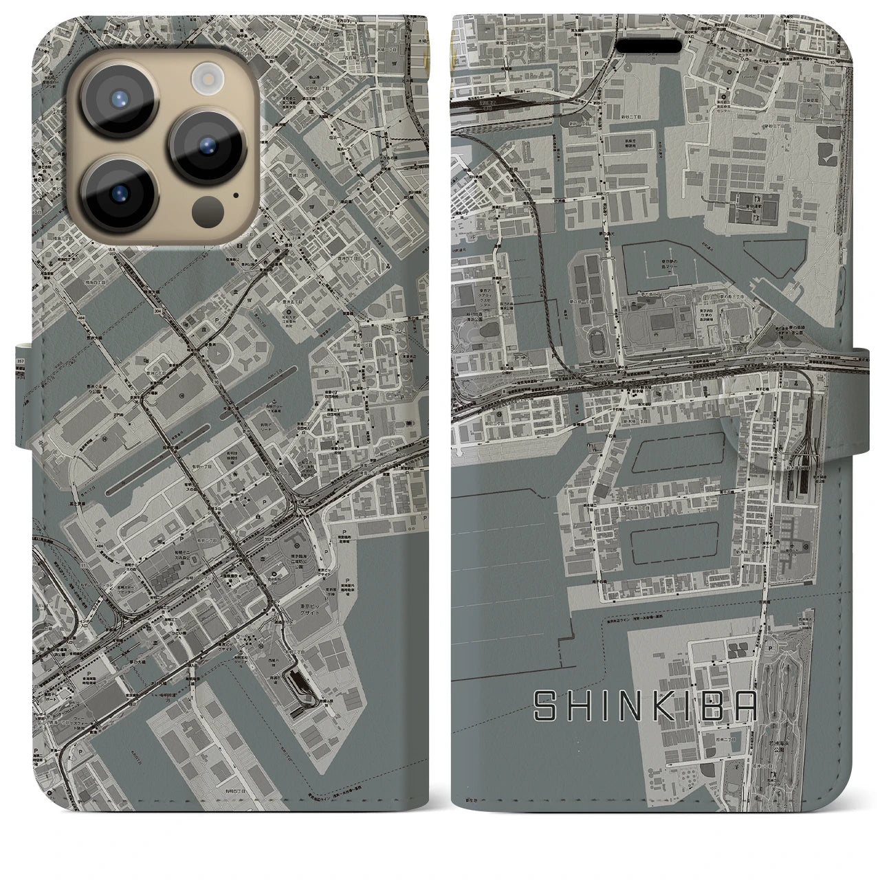 【新木場(東京都)】地図柄iPhoneケース(手帳タイプ)モノトーン・iPhone 14 Pro Max 用