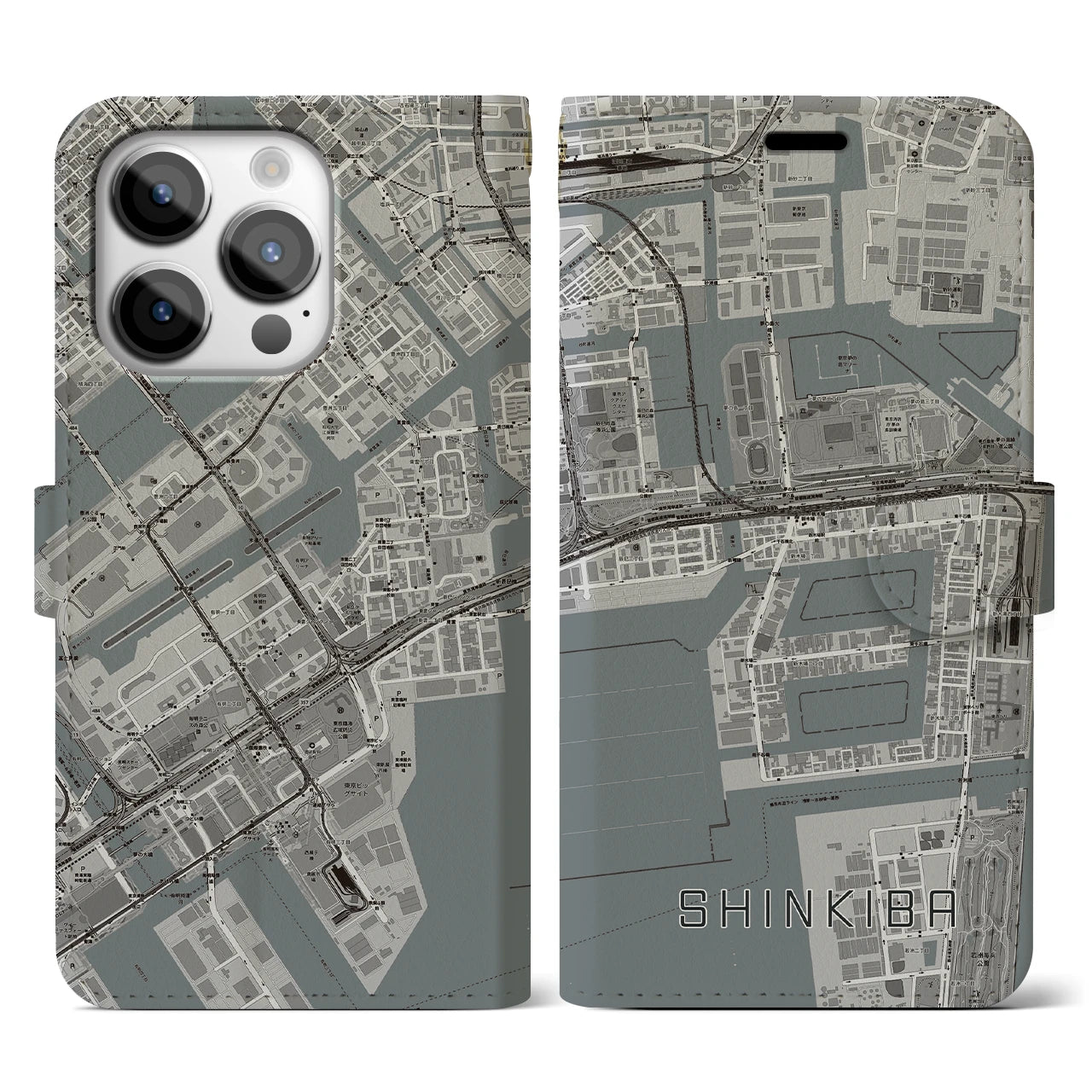 【新木場(東京都)】地図柄iPhoneケース(手帳タイプ)モノトーン・iPhone 14 Pro 用