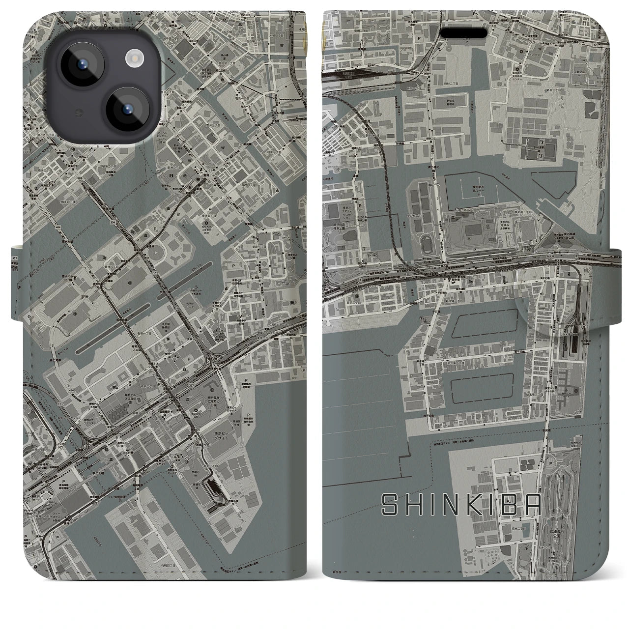 【新木場(東京都)】地図柄iPhoneケース(手帳タイプ)モノトーン・iPhone 14 Plus 用