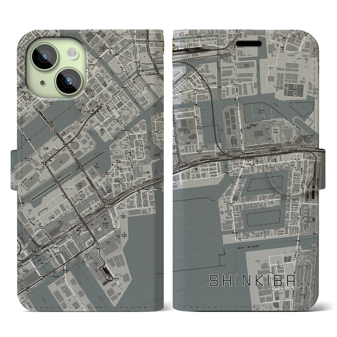 【新木場(東京都)】地図柄iPhoneケース(手帳タイプ)モノトーン・iPhone 15 用
