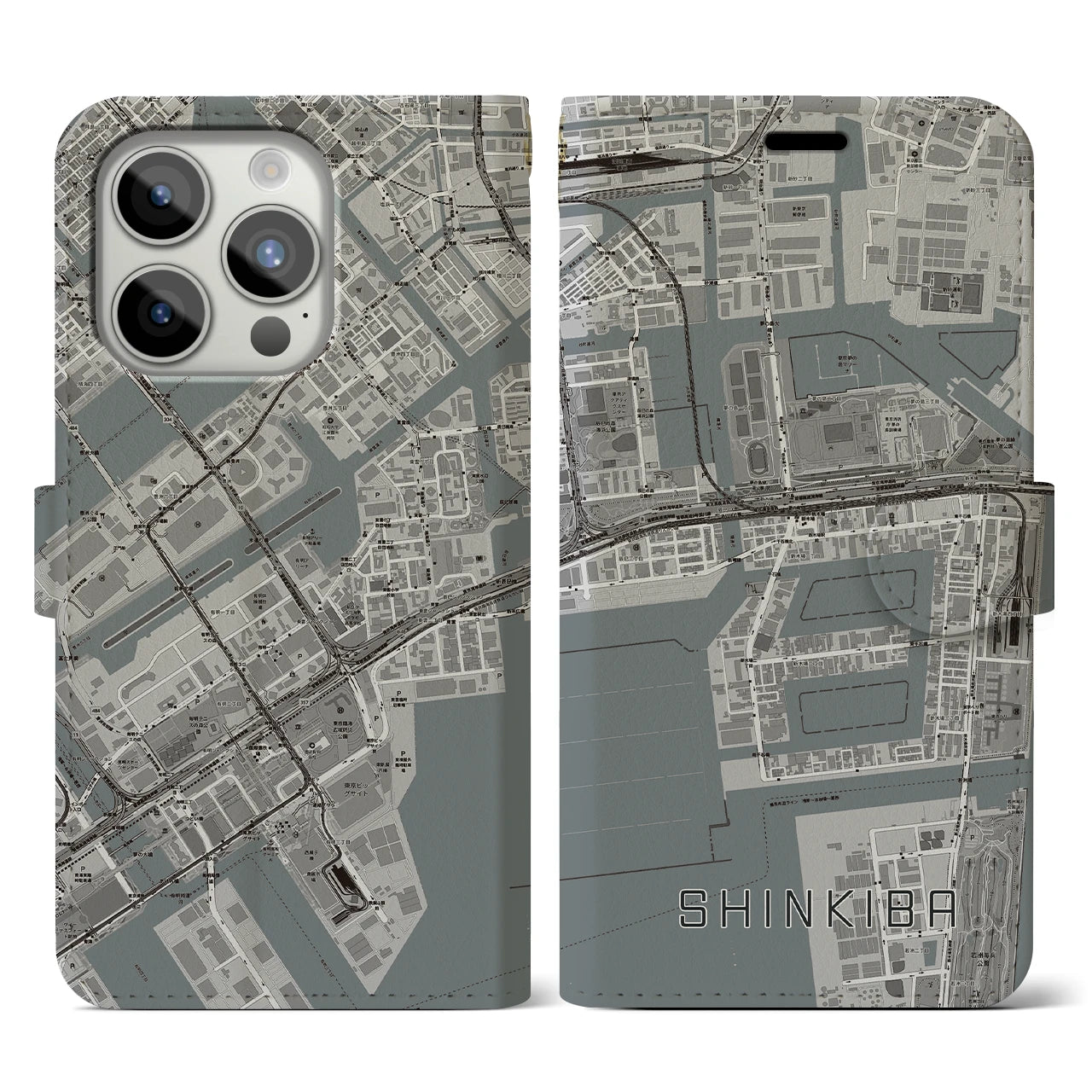 【新木場(東京都)】地図柄iPhoneケース(手帳タイプ)モノトーン・iPhone 15 Pro 用