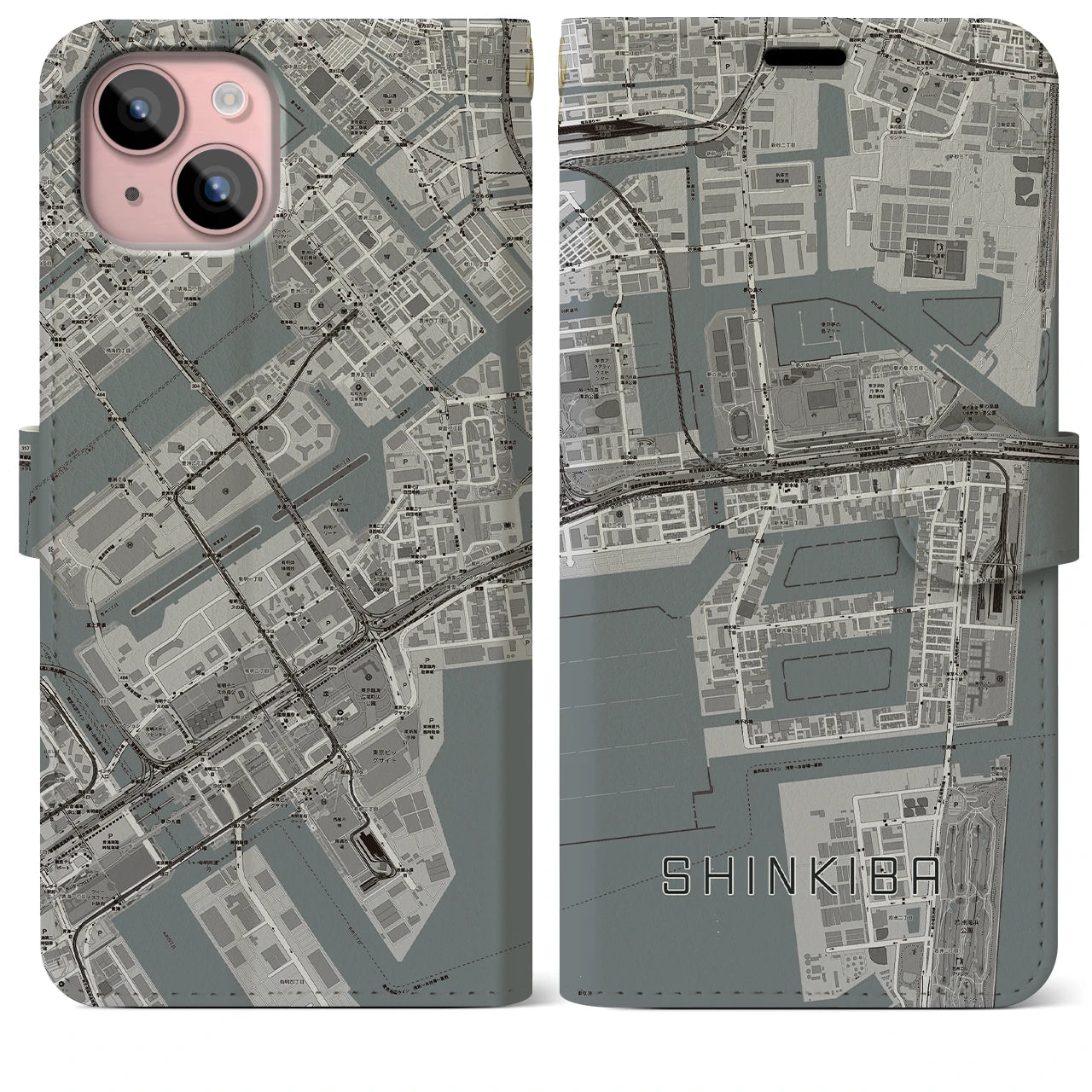 【新木場(東京都)】地図柄iPhoneケース(手帳タイプ)モノトーン・iPhone 15 Plus 用