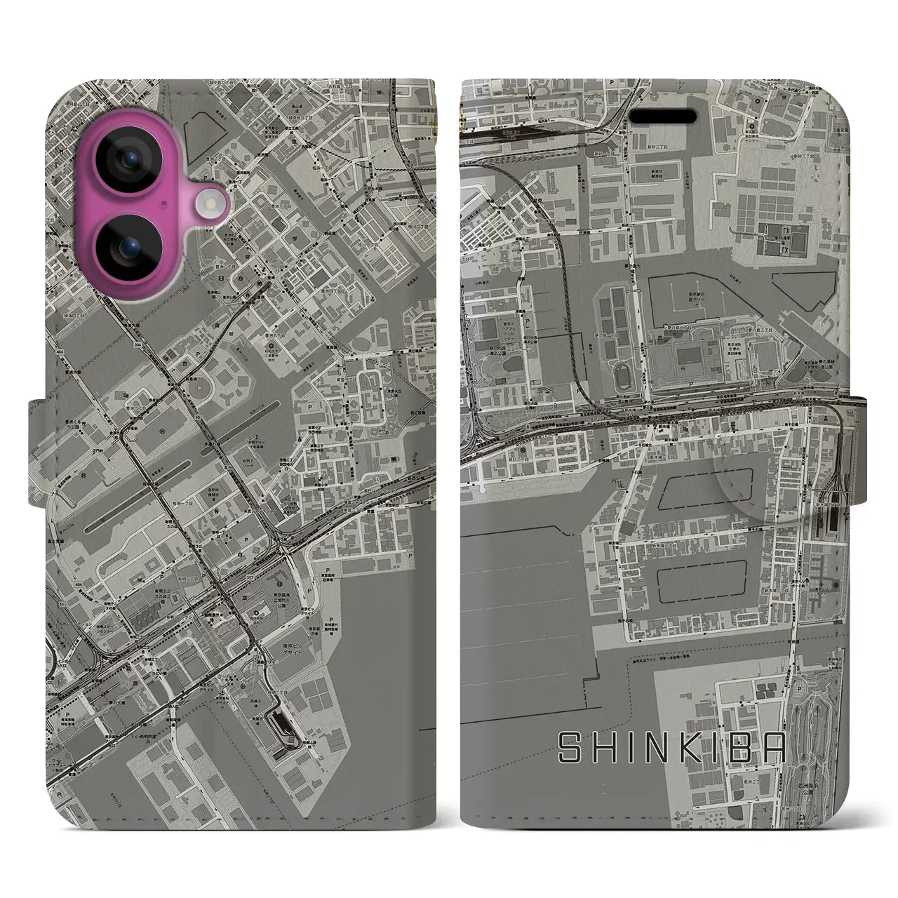 【新木場(東京都)】地図柄iPhoneケース(手帳タイプ)モノトーン・iPhone 16 Pro 用