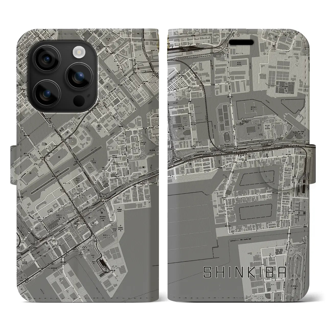 【新木場(東京都)】地図柄iPhoneケース(手帳タイプ)モノトーン・iPhone 16 用