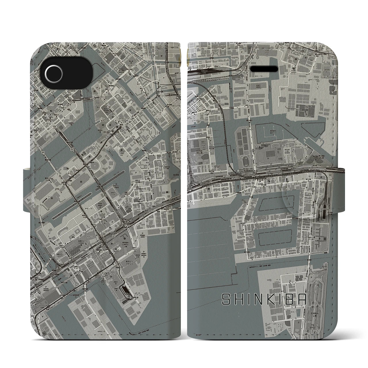 【新木場(東京都)】地図柄iPhoneケース(手帳タイプ)モノトーン・iPhone SE(第3 / 第2世代) / 8 / 7 / 6s / 6 用