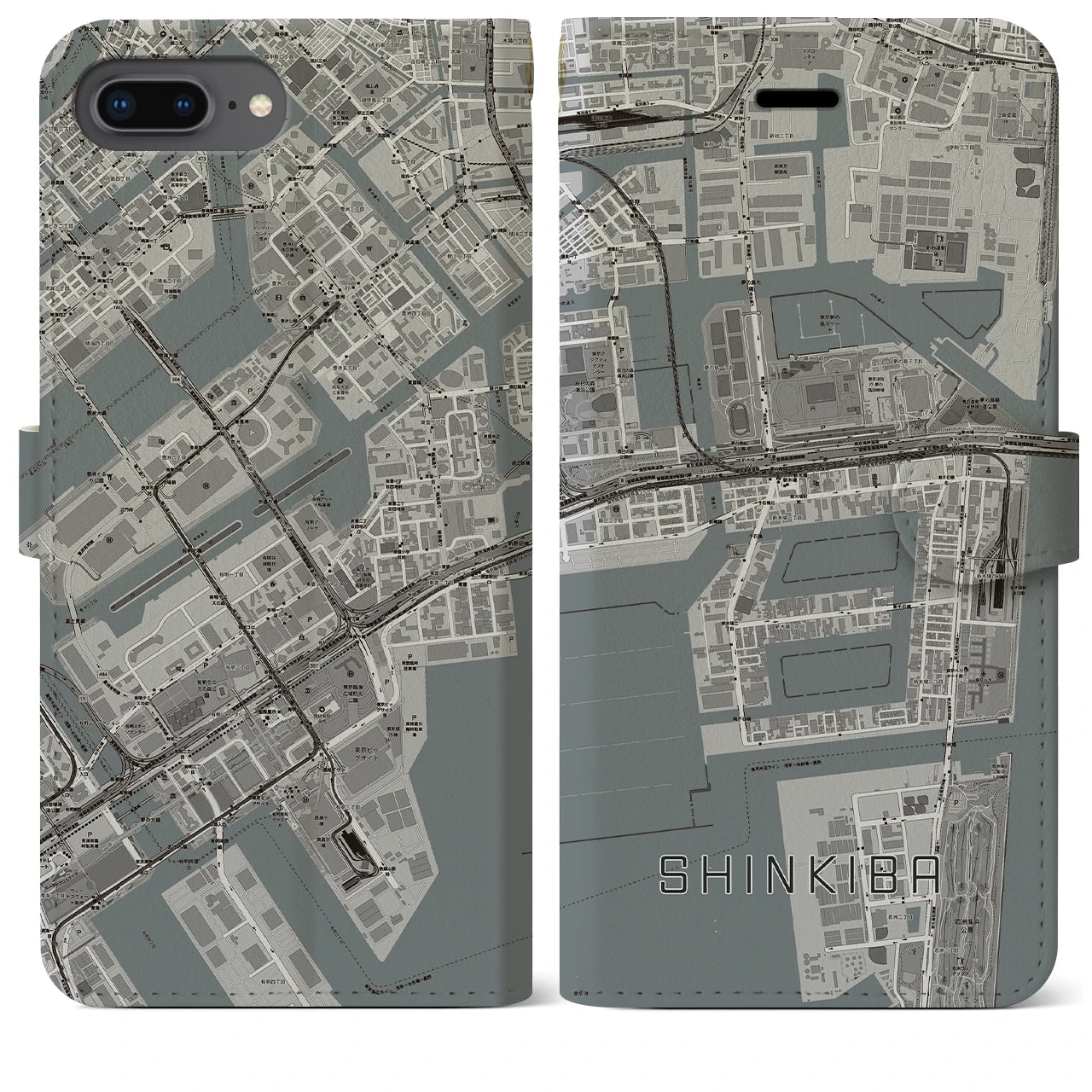 【新木場(東京都)】地図柄iPhoneケース(手帳タイプ)モノトーン・iPhone 8Plus /7Plus / 6sPlus / 6Plus 用