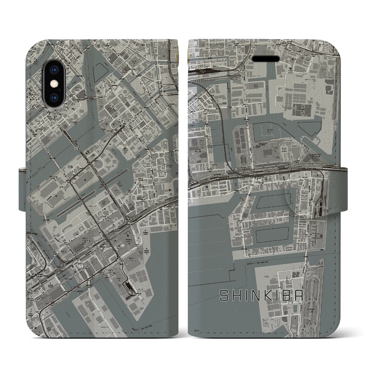 【新木場(東京都)】地図柄iPhoneケース(手帳タイプ)モノトーン・iPhone XS / X 用