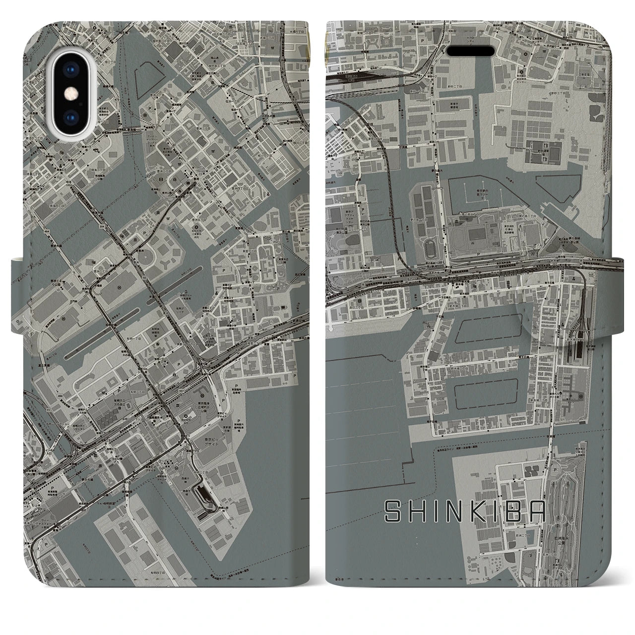 【新木場(東京都)】地図柄iPhoneケース(手帳タイプ)モノトーン・iPhone XS Max 用