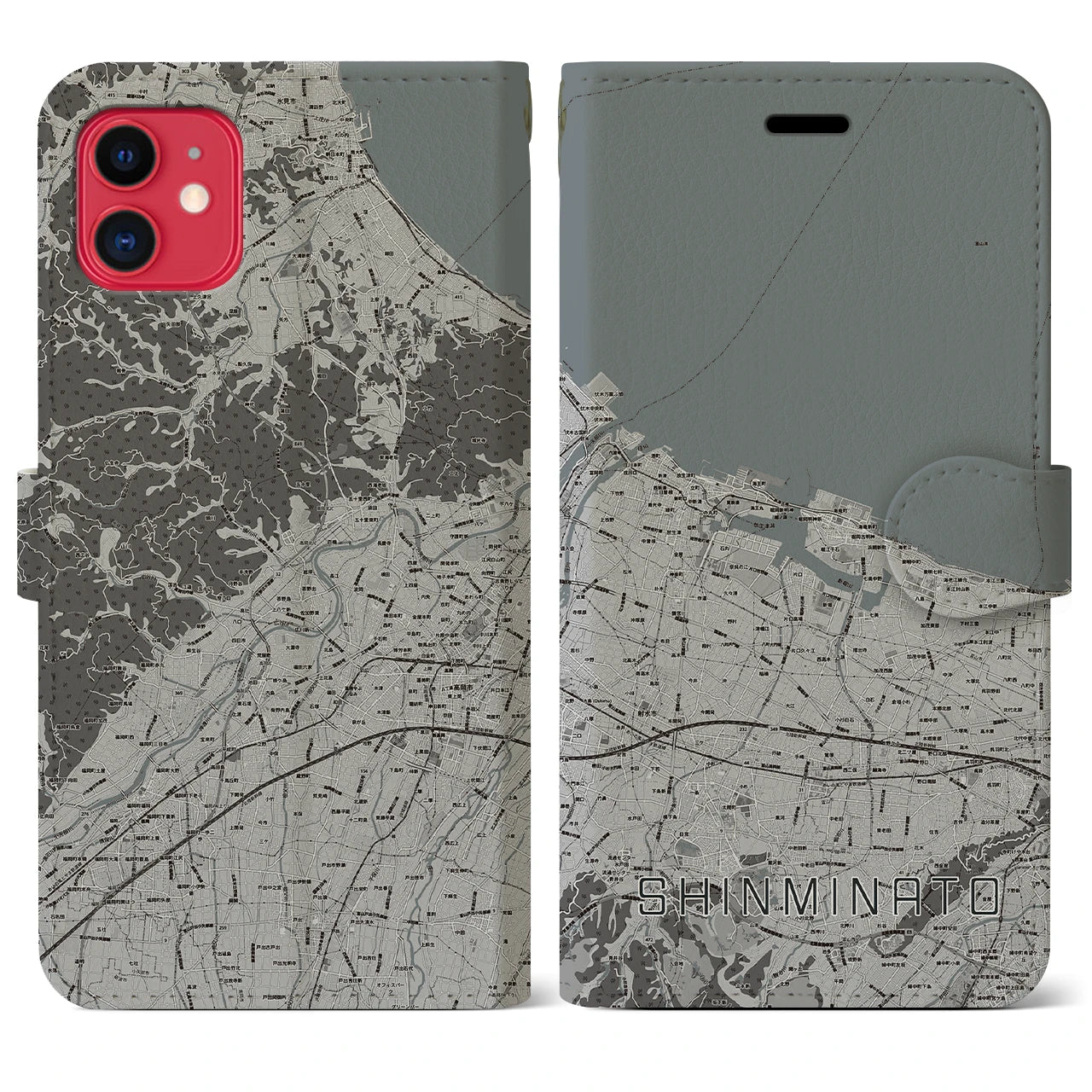 【新湊(富山県)】地図柄iPhoneケース(手帳タイプ)モノトーン・iPhone 11 用