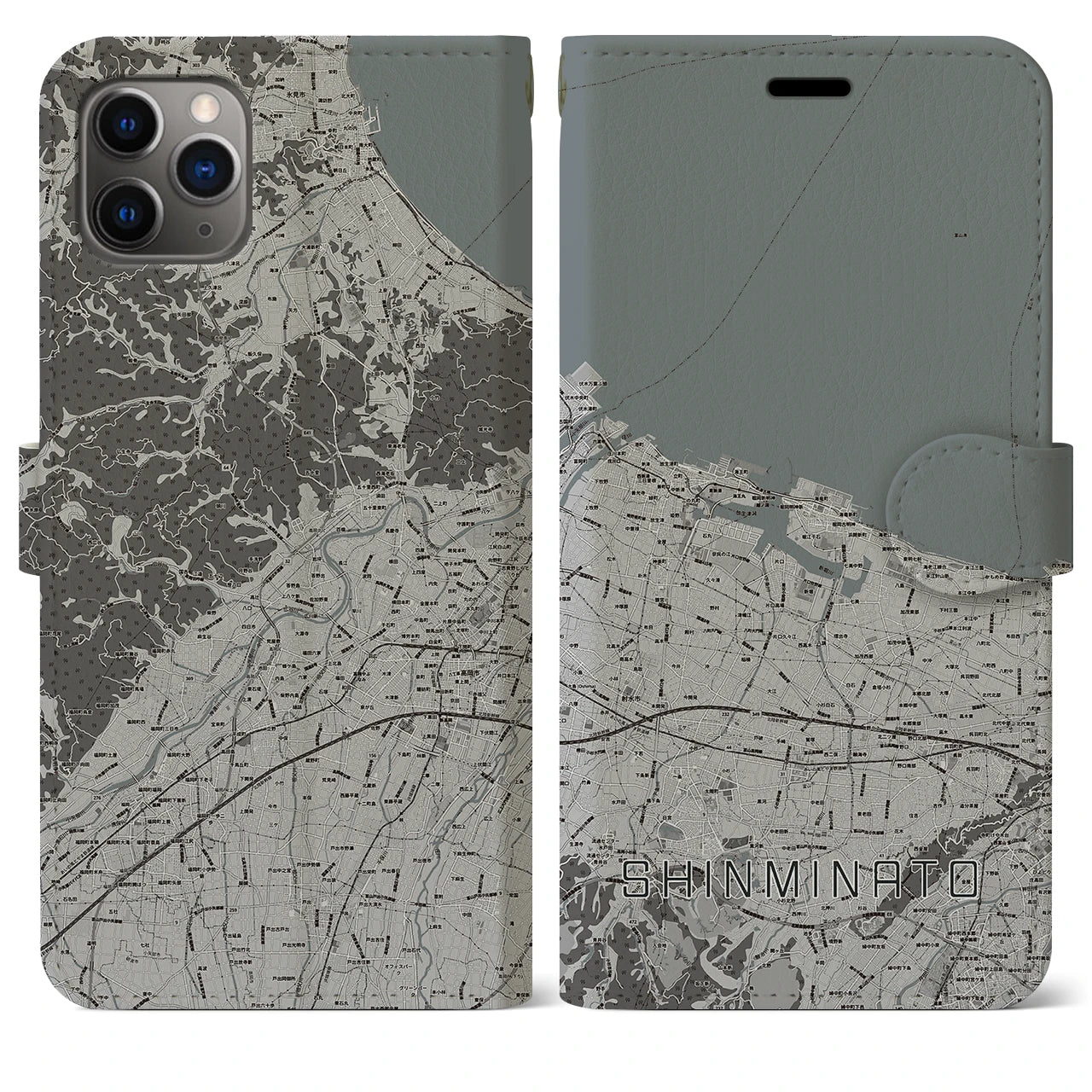 【新湊(富山県)】地図柄iPhoneケース(手帳タイプ)モノトーン・iPhone 11 Pro Max 用