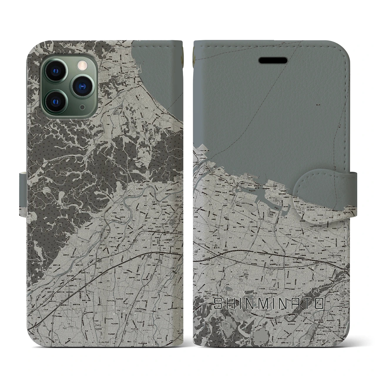【新湊(富山県)】地図柄iPhoneケース(手帳タイプ)モノトーン・iPhone 11 Pro 用