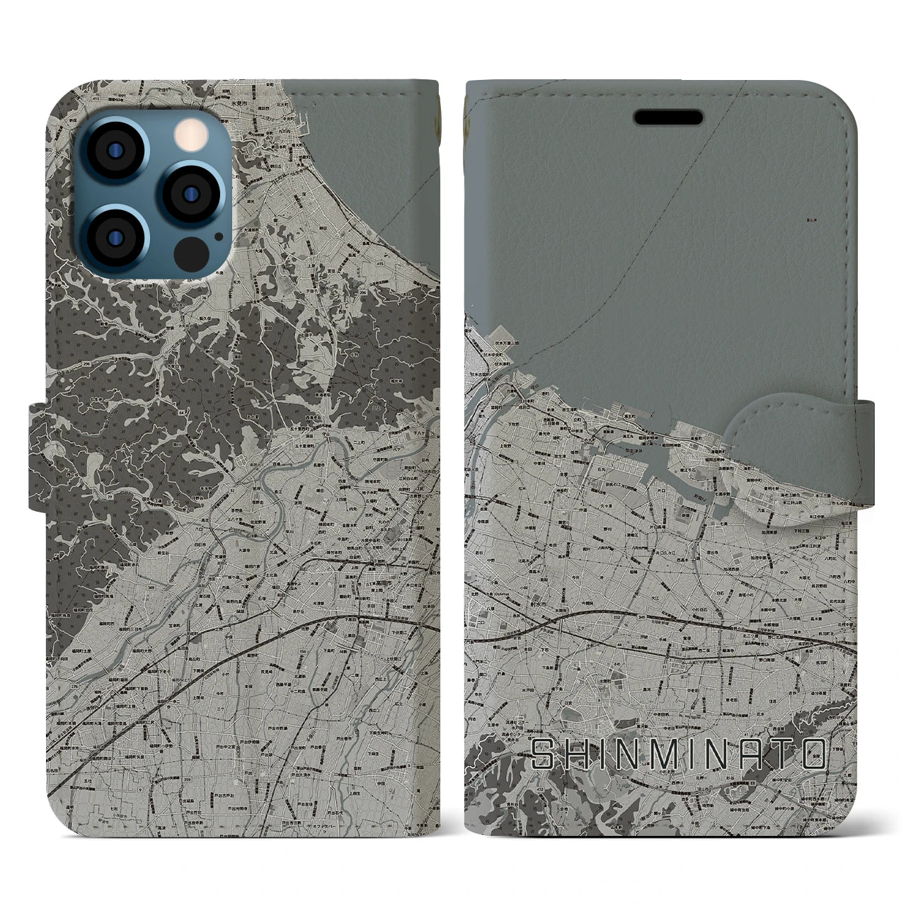 【新湊(富山県)】地図柄iPhoneケース(手帳タイプ)モノトーン・iPhone 12 / 12 Pro 用