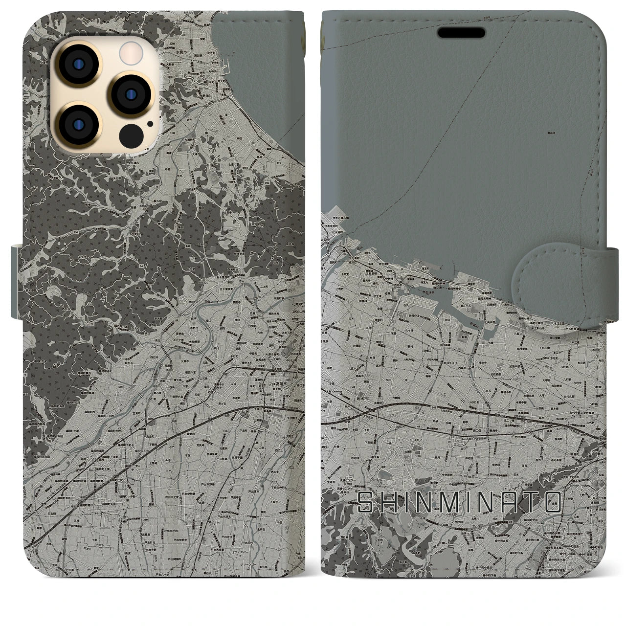 【新湊(富山県)】地図柄iPhoneケース(手帳タイプ)モノトーン・iPhone 12 Pro Max 用