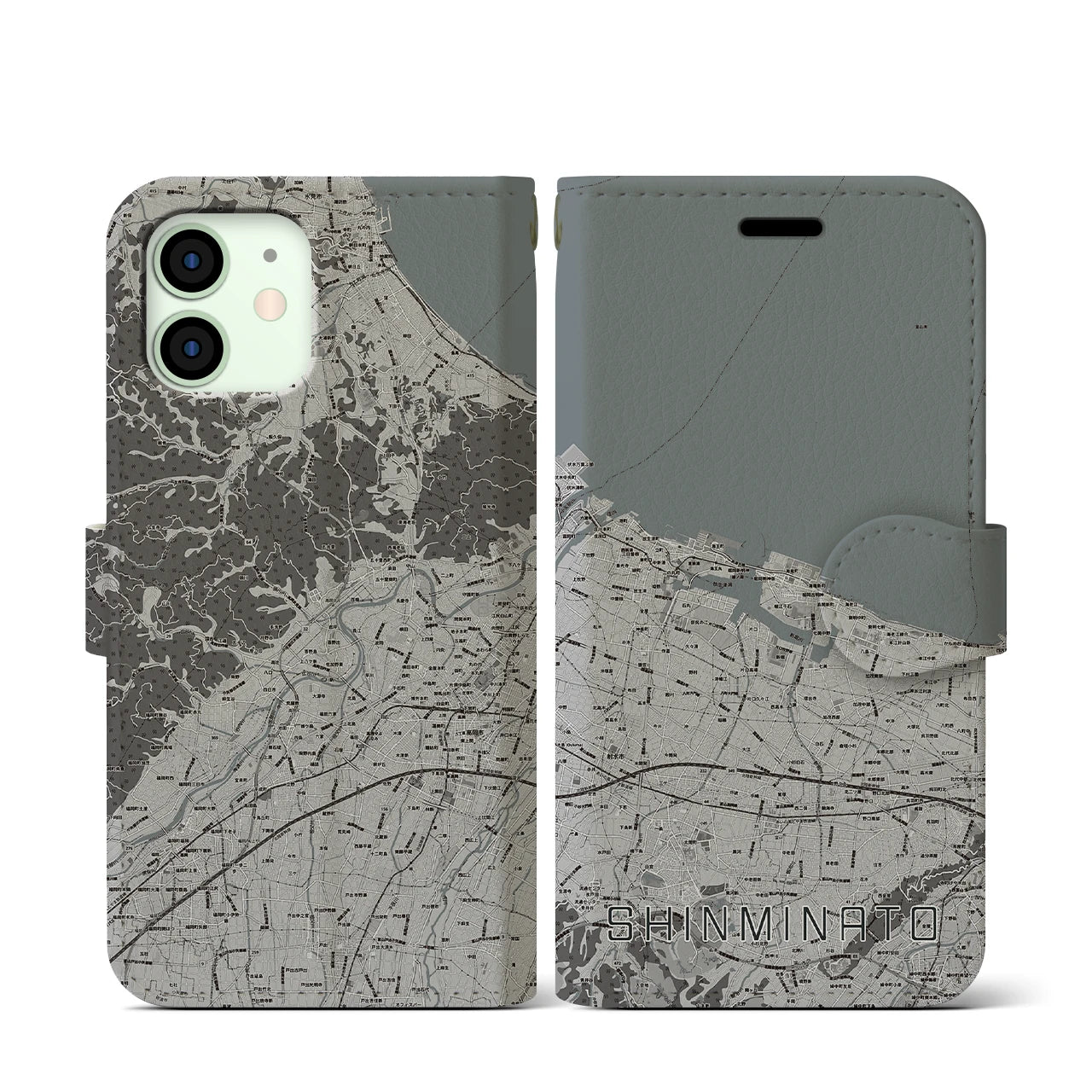 【新湊(富山県)】地図柄iPhoneケース(手帳タイプ)モノトーン・iPhone 12 mini 用