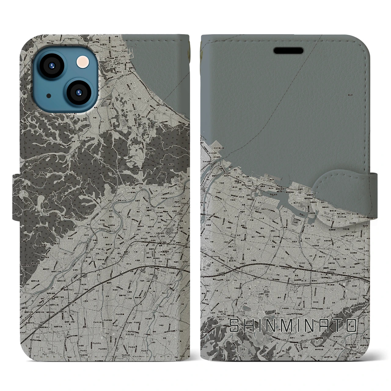 【新湊(富山県)】地図柄iPhoneケース(手帳タイプ)モノトーン・iPhone 13 用