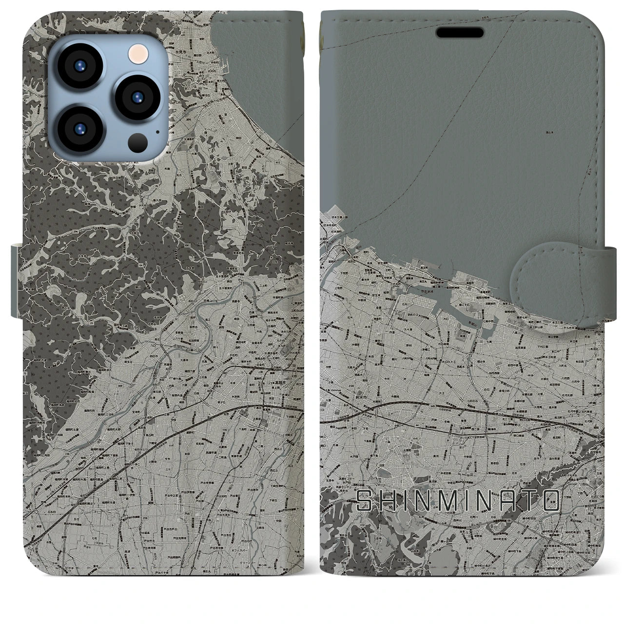 【新湊(富山県)】地図柄iPhoneケース(手帳タイプ)モノトーン・iPhone 13 Pro Max 用