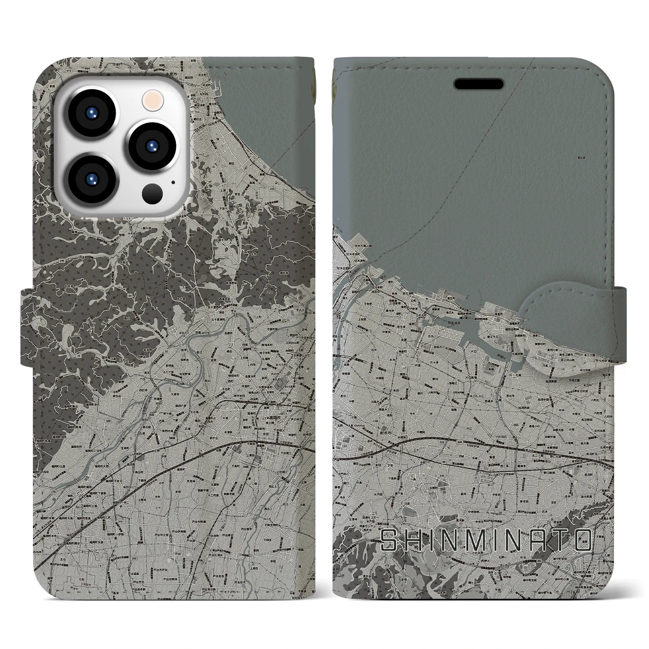 【新湊(富山県)】地図柄iPhoneケース(手帳タイプ)モノトーン・iPhone 13 Pro 用