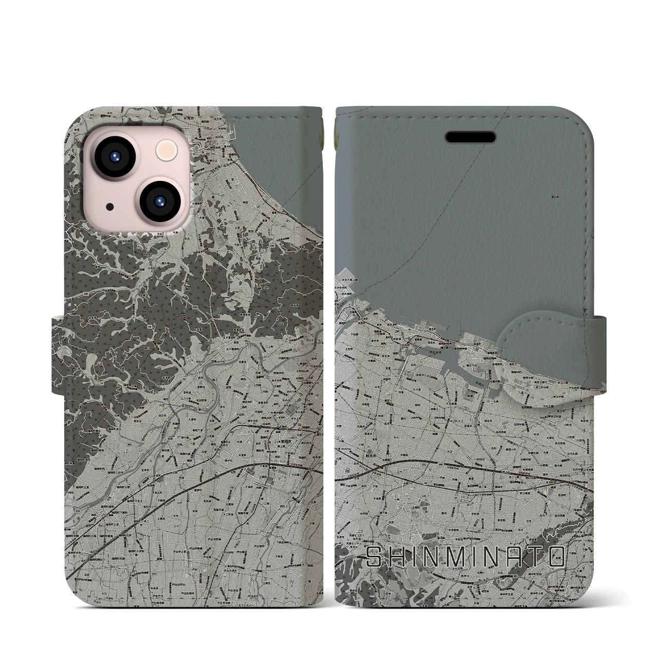 【新湊(富山県)】地図柄iPhoneケース(手帳タイプ)モノトーン・iPhone 13 mini 用