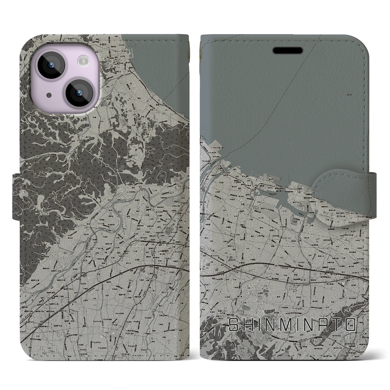 【新湊(富山県)】地図柄iPhoneケース(手帳タイプ)モノトーン・iPhone 14 用