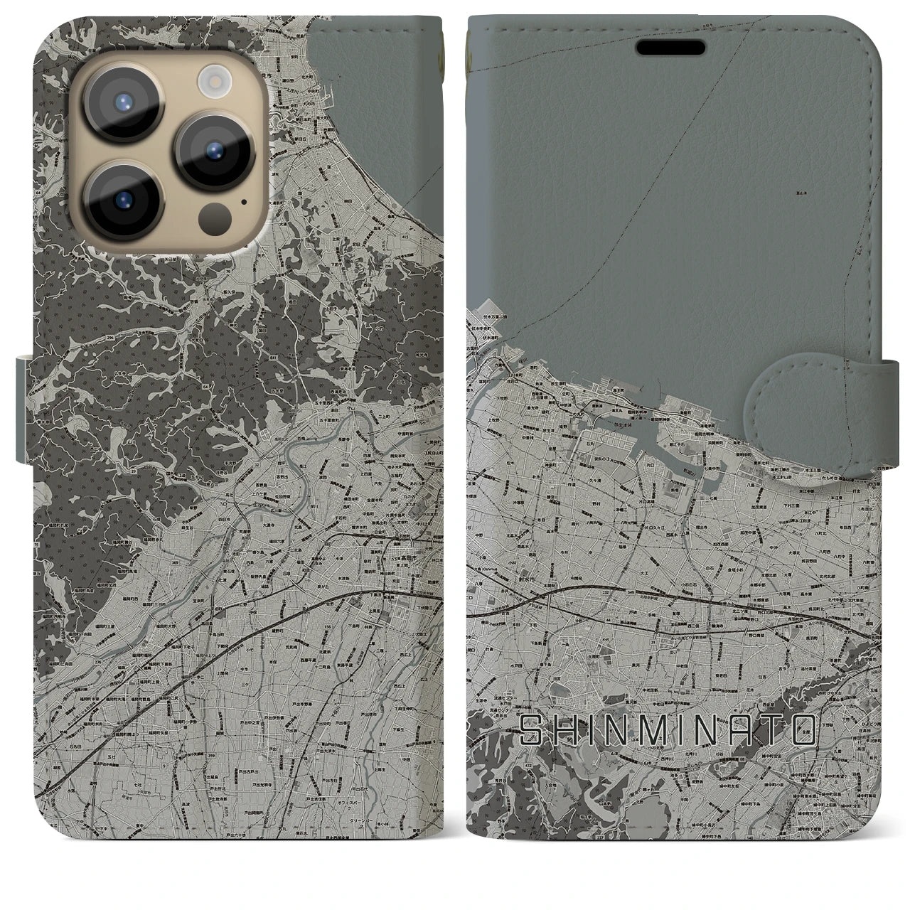 【新湊(富山県)】地図柄iPhoneケース(手帳タイプ)モノトーン・iPhone 14 Pro Max 用