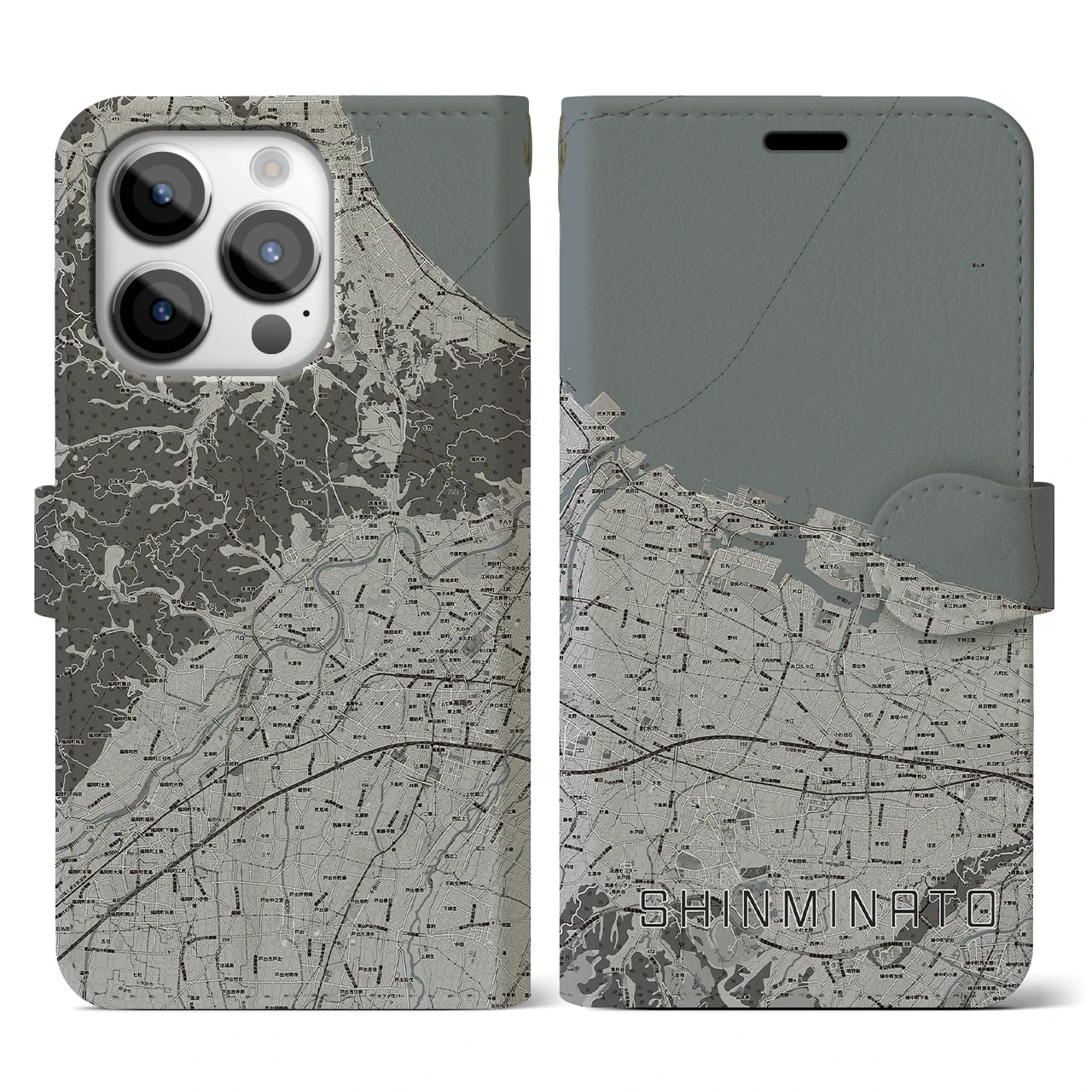【新湊(富山県)】地図柄iPhoneケース(手帳タイプ)モノトーン・iPhone 14 Pro 用