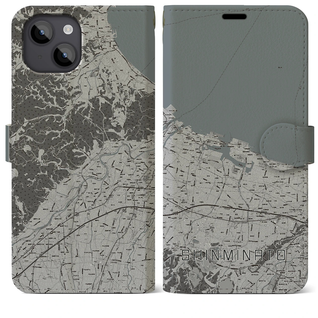 【新湊(富山県)】地図柄iPhoneケース(手帳タイプ)モノトーン・iPhone 14 Plus 用