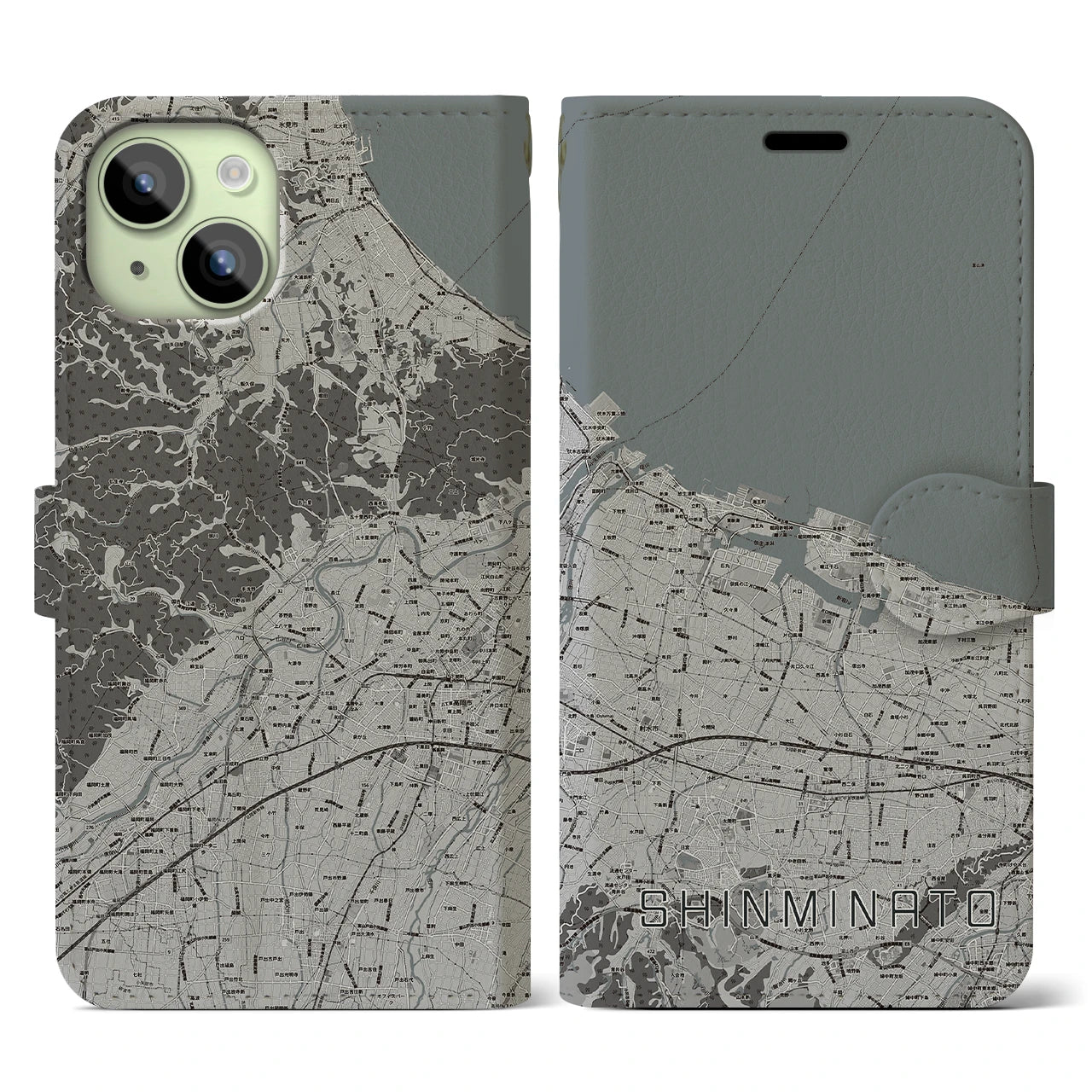 【新湊(富山県)】地図柄iPhoneケース(手帳タイプ)モノトーン・iPhone 15 用